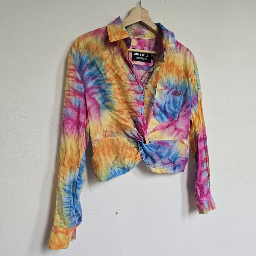 Muy Muy Fancy Tie-Dye Button-Up Cropped Colorful Shirt Size Medium - Picture 6 of 16